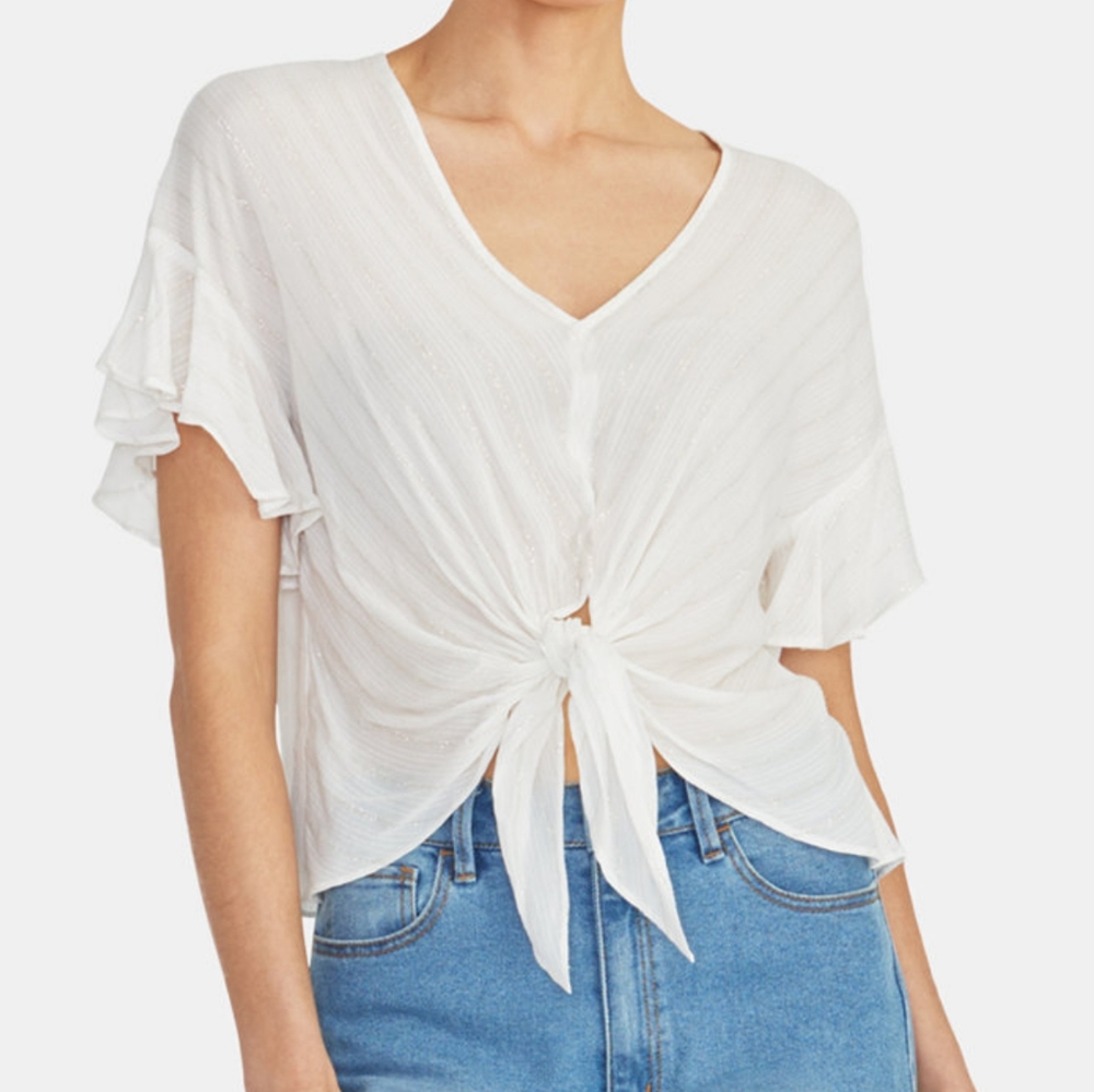 RACHEL Rachel Roy cream with dainty silver and gold thread tie front blouse, New